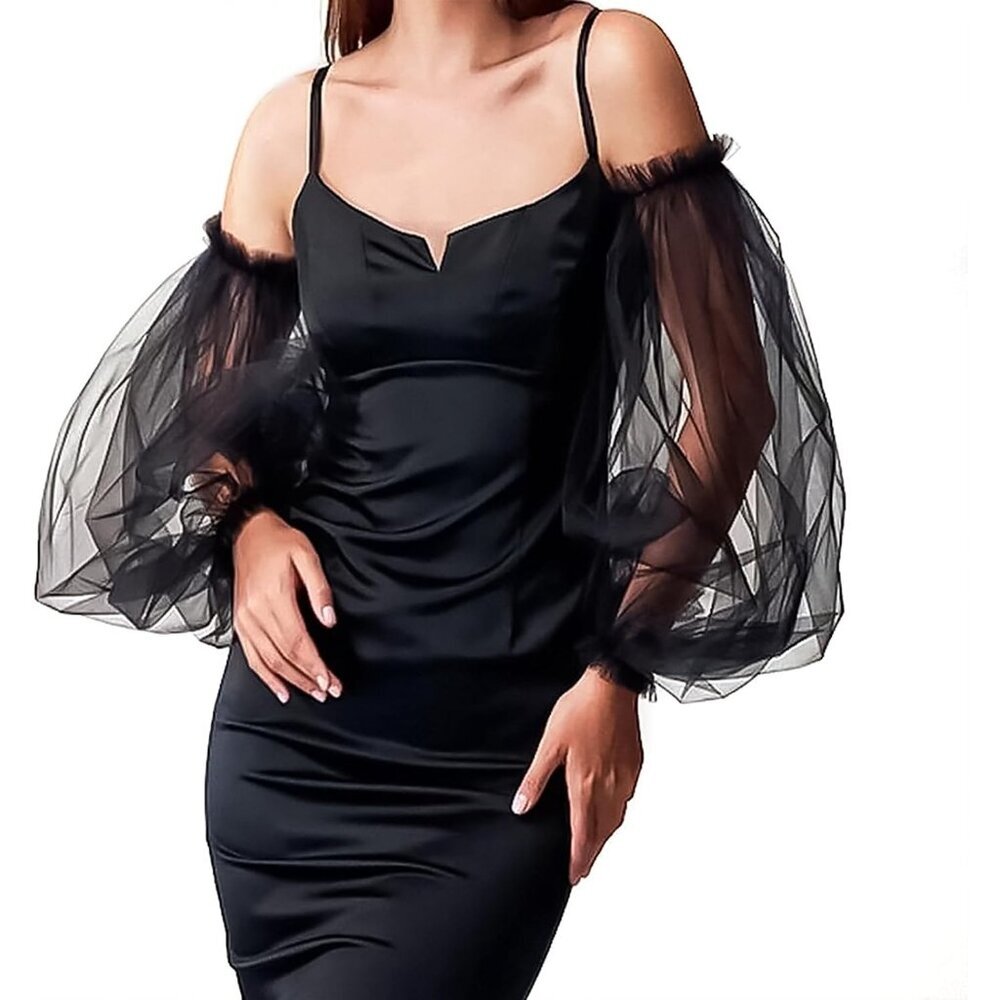 Women's Wedding Puffy Fingerless Black Detachable Long Sleeves Ruffled Gloves